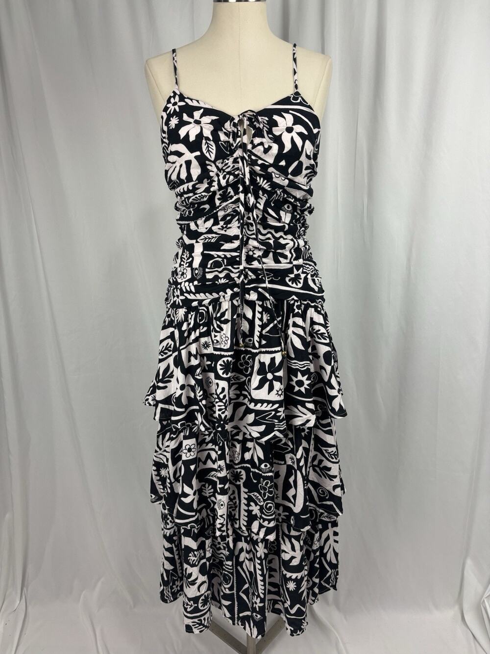 WITS THE LABEL Black Floral Tiered Maxi Dress - Boho Ruffle Ruched Sundress Sz M